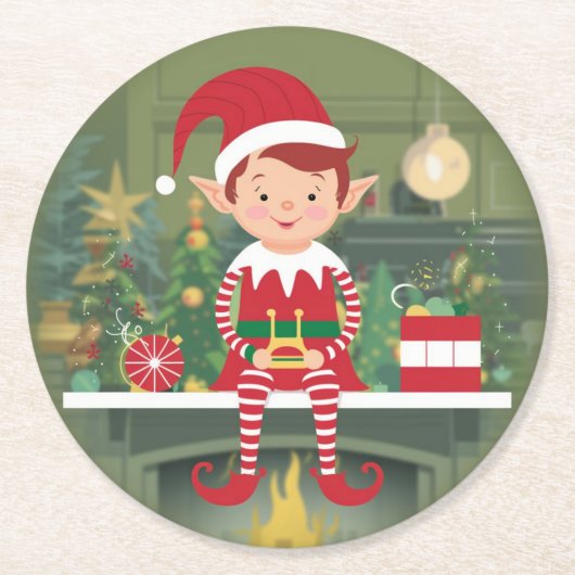 かわいいクリスマス小妖精や小人オンシェルフ紙コースター ラウンドペーパーコースター (正面)