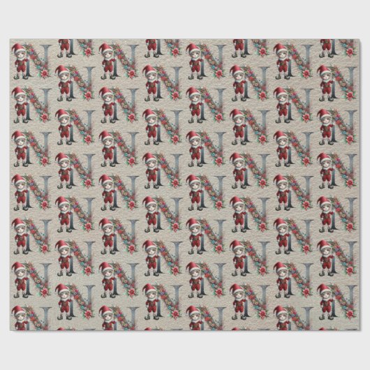 かわいいクリスマス小妖精や小人フェスティバルレターN ラッピングペーパー (フラット)