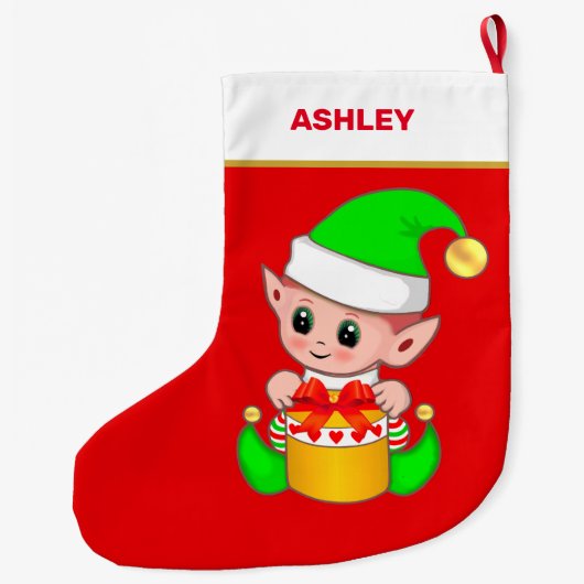 かわいいクリスマス小妖精や小人&ギフトボックス赤 ラージクリスマスストッキング (裏面)