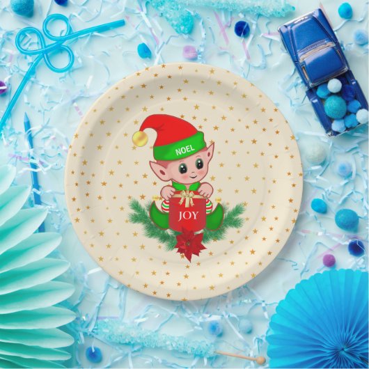 かわいいクリスマス小妖精や小人&ゴールデンスターズオンライトベージュ ペーパープレート (パーティー)