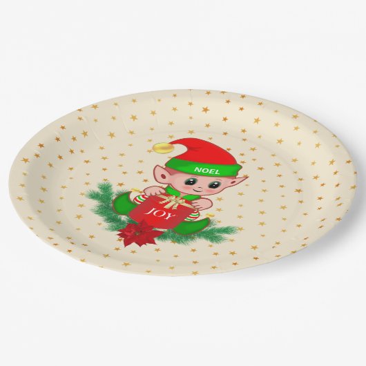 かわいいクリスマス小妖精や小人&ゴールデンスターズオンライトベージュ ペーパープレート (アングル)