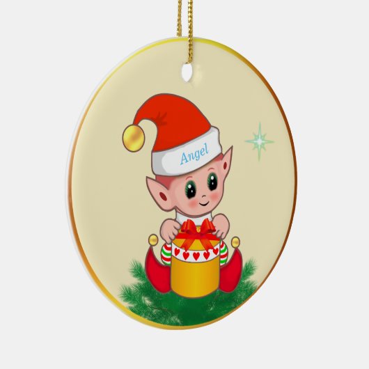 かわいいクリスマス小妖精や小人&スターオンアイボリー セラミックオーナメント (右)