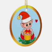 かわいいクリスマス小妖精や小人&ハートオンスカイブルー セラミックオーナメント (右)