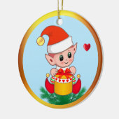 かわいいクリスマス小妖精や小人&ハートオンスカイブルー セラミックオーナメント (左)