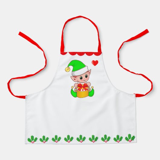 かわいいクリスマス小妖精や小人&ホリーベリーの葉の装飾 エプロン (正面)