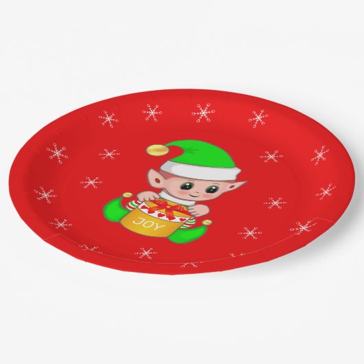 かわいいクリスマス小妖精や小人&レッドスノーフレーク ペーパープレート (アングル)