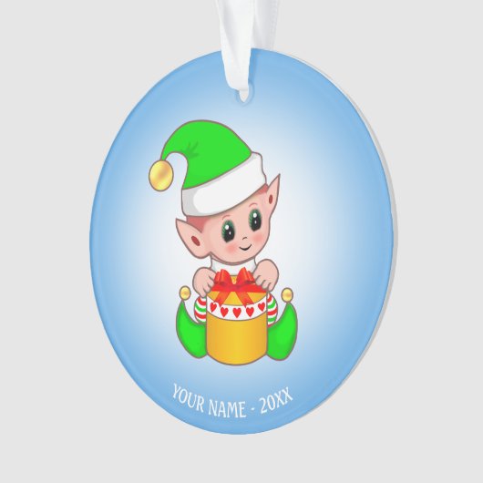 かわいいクリスマス小妖精や小人、名前をカスタムするオンライトブルー オーナメント (正面)