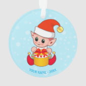 かわいいクリスマス小妖精や小人、名前をカスタムするオンライトブルー オーナメント (裏面)