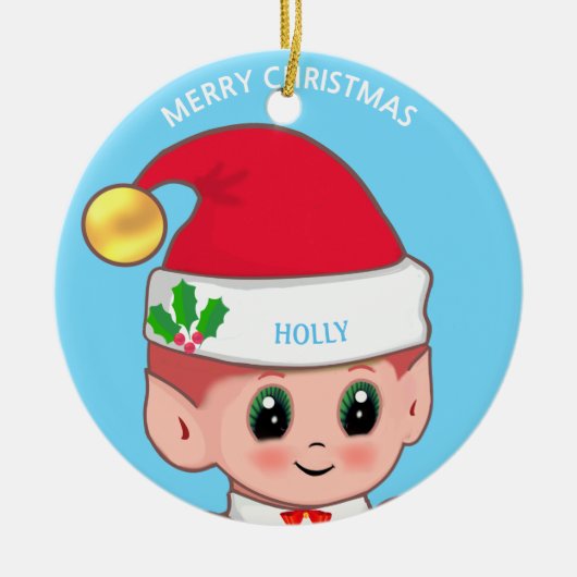 かわいいクリスマス小妖精や小人&名前をカスタムするオンライトブルー セラミックオーナメント (正面)