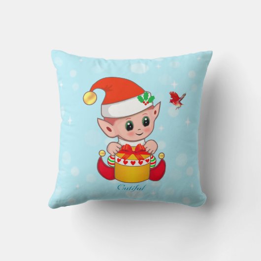かわいいクリスマス小妖精や小人&(鳥)ショウジョウコウカンチョウバードオンターコイズ クッション (裏面)