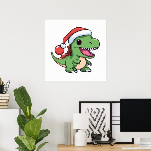 かわいいクリスマス帽子のティラノサウルス ポスター (ホームオフィス)