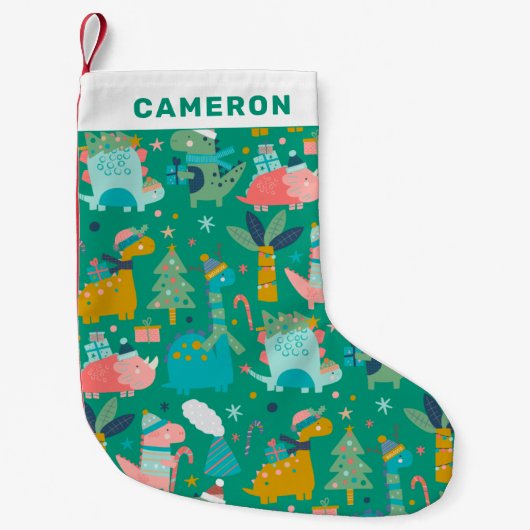 かわいいクリスマス恐竜のパターンパーソナライズされた緑 スモールクリスマスストッキング (正面)