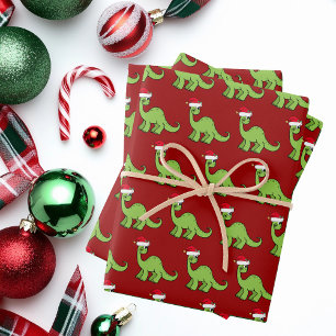 かわいいクリスマス恐竜サンタレッドキッズホリデー ラッピングペーパーシート