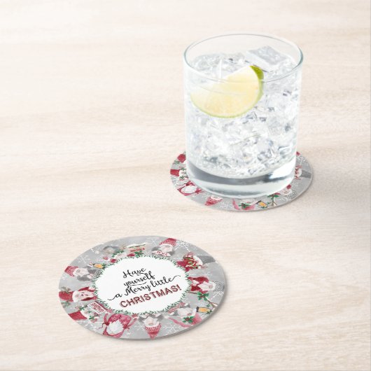 かわいいクリスマス格言サンタ帽子ホリーレッドグレー ラウンドペーパーコースター (インサイチュ)