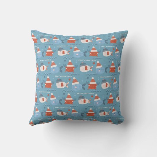 かわいいクリスマス海動物魚カニ青レッド クッション (裏面)