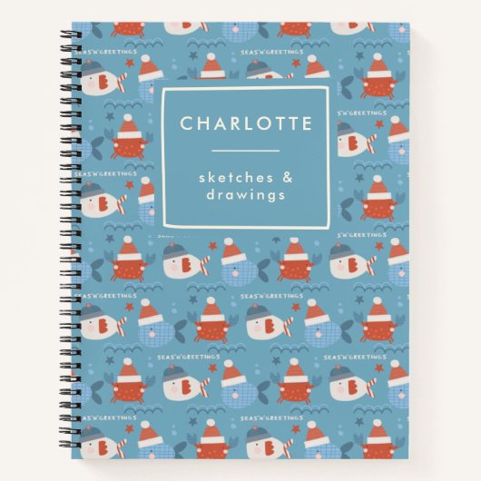 かわいいクリスマス海動物魚カニ青レッド ノートブック (正面)
