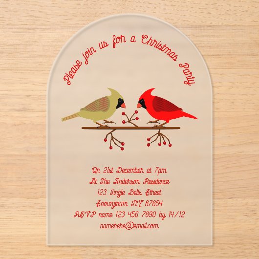 かわいいクリスマス深紅色とレッドベリーカスタム アクリル招待状 (正面)