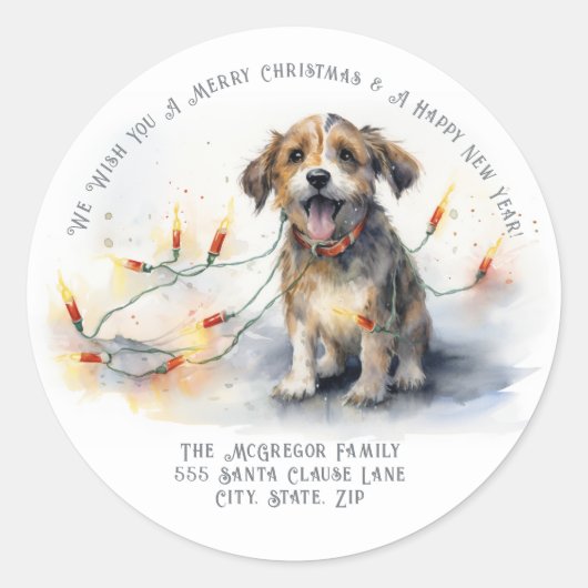 かわいいクリスマス犬の返信先住所 ラウンドシール (正面)