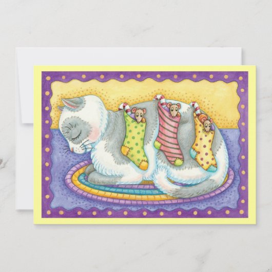 かわいいクリスマス猫がネズミと一緒に靴下で寝ている シーズンカード (正面)