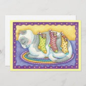 かわいいクリスマス猫がネズミと一緒に靴下で寝ている シーズンカード (正面/裏面)