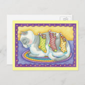 かわいいクリスマス猫とネズミのストッキング シーズンポストカード (正面/裏面)