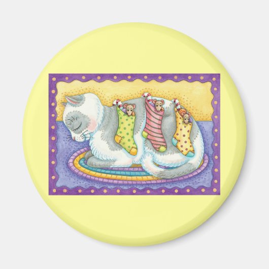 かわいいクリスマス猫とネズミのストッキング マグネット (正面)