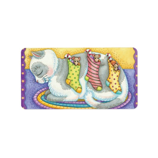 かわいいクリスマス猫とネズミのストッキング ラベル (正面)