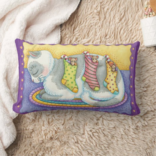 かわいいクリスマス猫とネズミのストッキング ランバークッション (ブランケット)