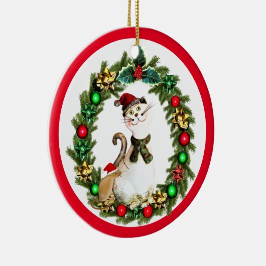 かわいいクリスマス猫とネズミ セラミックオーナメント (右)