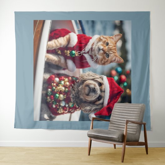 かわいいクリスマス猫と犬のセーリングヴィンテージ タペストリー (インサイチュ(横))