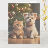 かわいいクリスマス猫と犬好きのプレゼント カード (黄色い花)