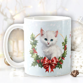 かわいいクリスマス猫ねこ雪の青の名前マグカップ コーヒーマグカップ