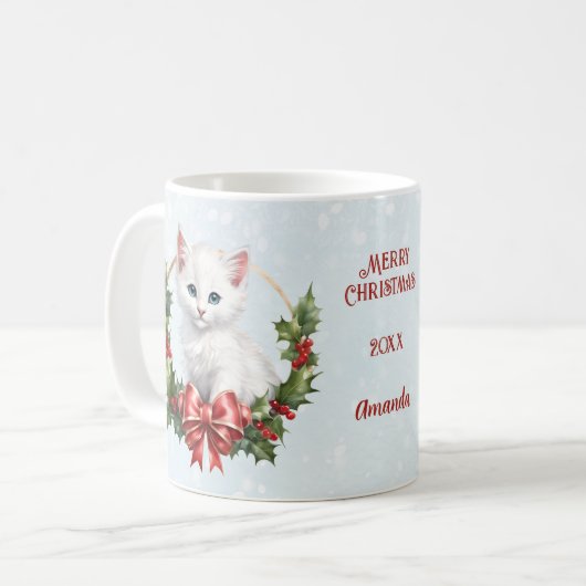 かわいいクリスマス猫ねこ雪の青の名前マグカップ コーヒーマグカップ (正面左)