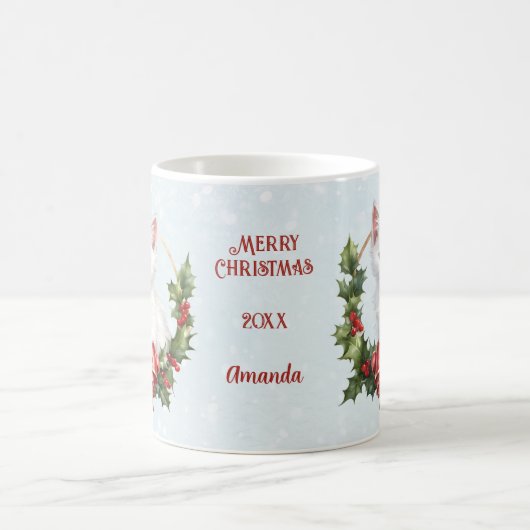 かわいいクリスマス猫ねこ雪の青の名前マグカップ コーヒーマグカップ (中央)