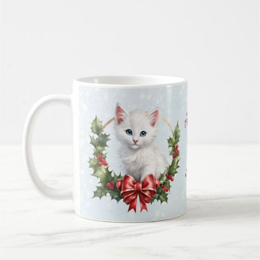 かわいいクリスマス猫ねこ雪の青の名前マグカップ コーヒーマグカップ (左)
