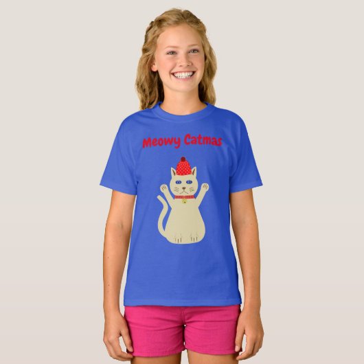 かわいいクリスマス猫のカスタムメッセージ Tシャツ (正面フル)