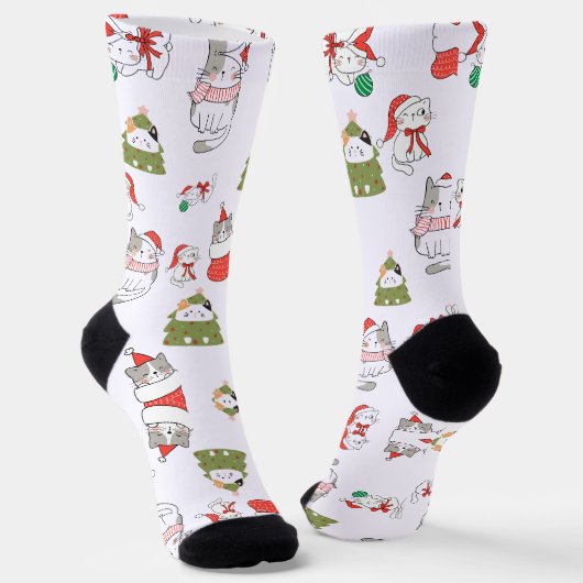 かわいいクリスマス猫のパターン - 祝祭的なホリデーデザイン ソックス (傾斜あり)