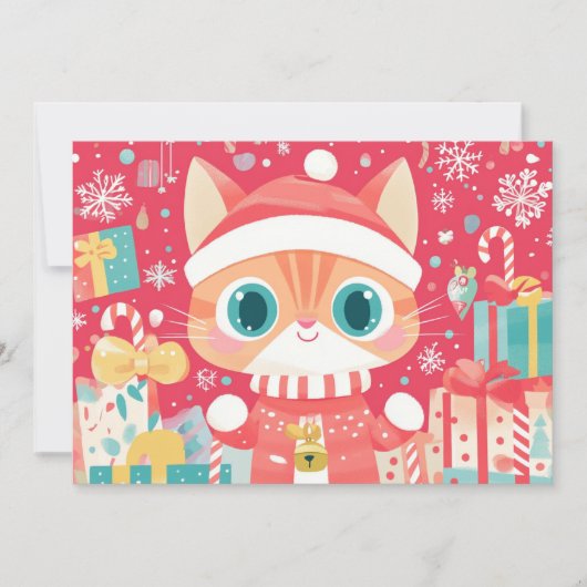 かわいいクリスマス猫のプレゼントと雪の結晶 シーズンカード (正面)