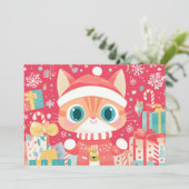 かわいいクリスマス猫のプレゼントと雪の結晶 シーズンカード (スタンド正面)