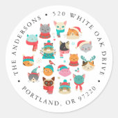 かわいいクリスマス猫の休日差出人住所ラベル ラウンドシール (正面)