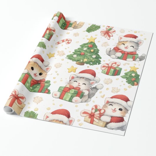 かわいいクリスマス猫の包装紙 ラッピングペーパー (アンロールド)