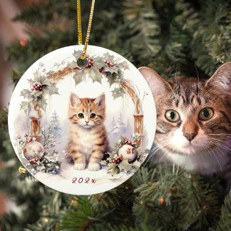かわいいクリスマス猫の子猫の動物 セラミックオーナメント