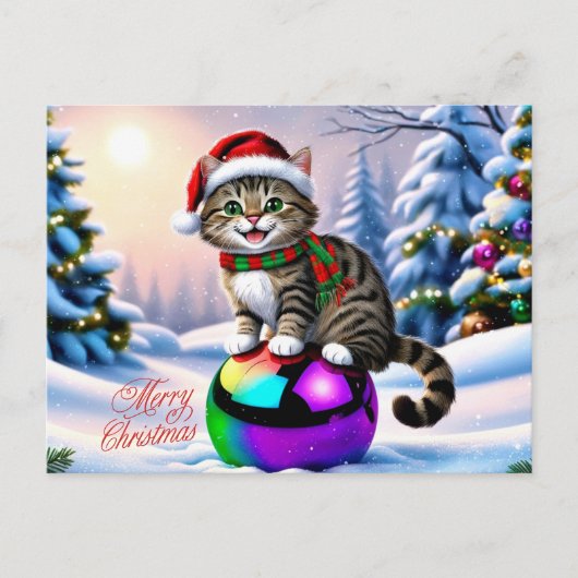 かわいいクリスマス猫アウトドア シーズンポストカード (正面)