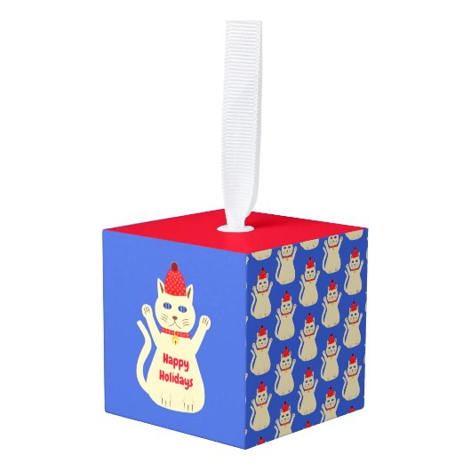 かわいいクリスマス猫カスタム キューブオーナメント (正面アングル)