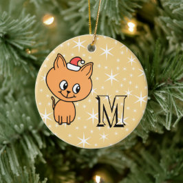 かわいいクリスマス猫カスタム、モノグラムとバックフォト セラミックオーナメント