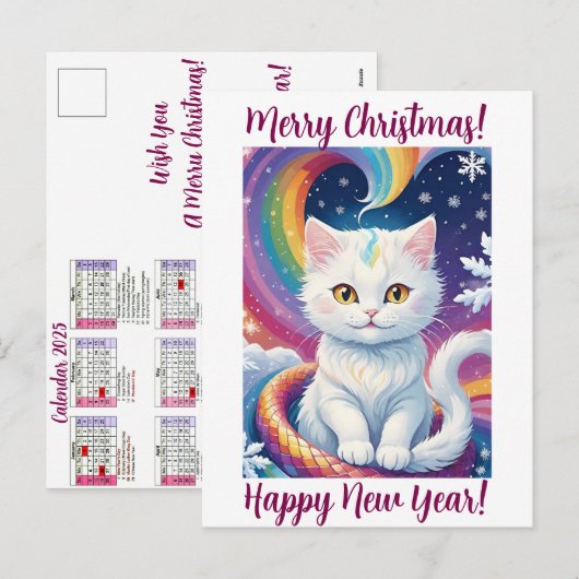 かわいいクリスマス猫カレンダー 2025 名前入り シーズンポストカード (正面/裏面)