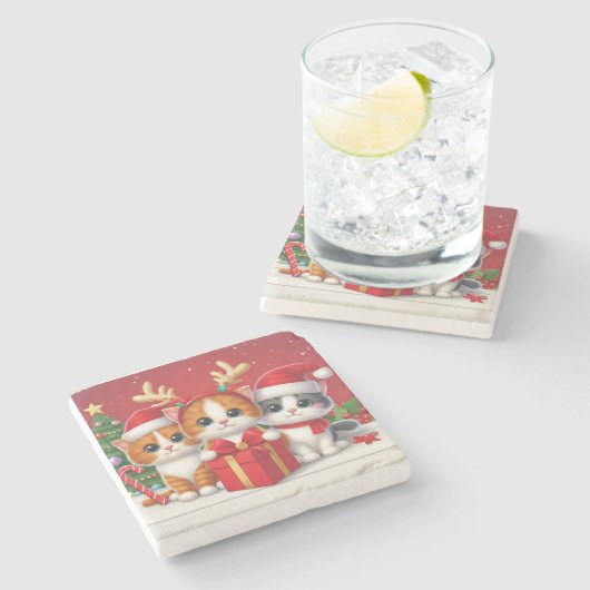 かわいいクリスマス猫3イラストレーション ストーンコースター (横)