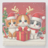 かわいいクリスマス猫3イラストレーション ストーンコースター (正面)