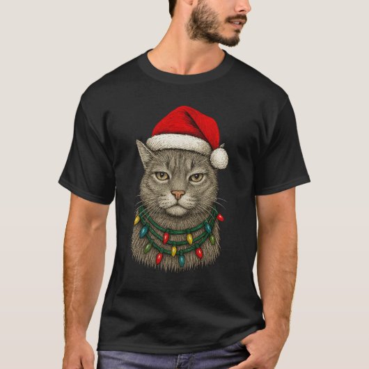 かわいいクリスマス猫 サンタ帽をかぶりホリデーシーズン Tシャツ (正面)