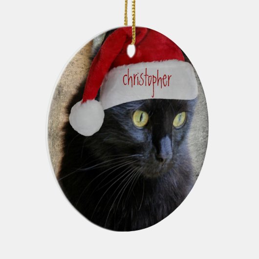 かわいいクリスマス猫、黒い背部、名前入りな名前または年 セラミックオーナメント (右)